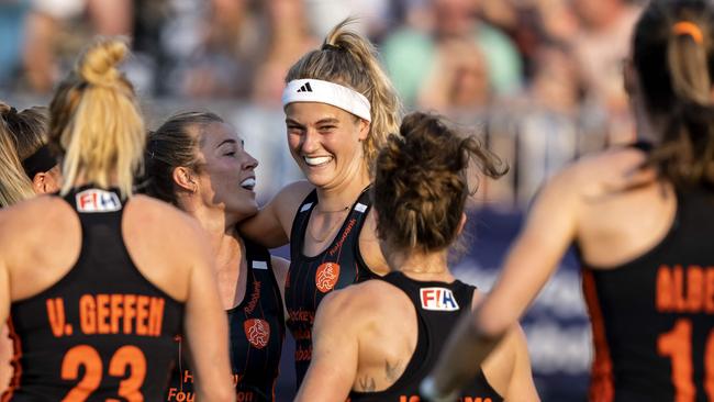 Netherlands' Joy at Yibbi Jansen (C) celebrates with teammates during the FIH Pro League group women's field hockey match between Netherlands and Australia, in Eindhoven, on June 8, 2023. (Photo by Sander Koning / ANP / AFP) / Netherlands OUT