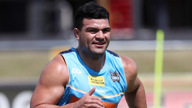 Gold Coast Titans training. New Titans recruit David Fifita at training on Thursday. Picture: NIGEL HALLETT