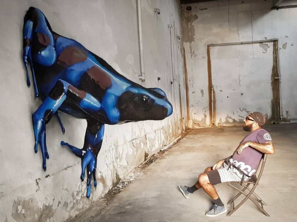 A super-sized blue tree frog gazes inquisitively down at the artist from the wall. Picture: Odeith/Instagram