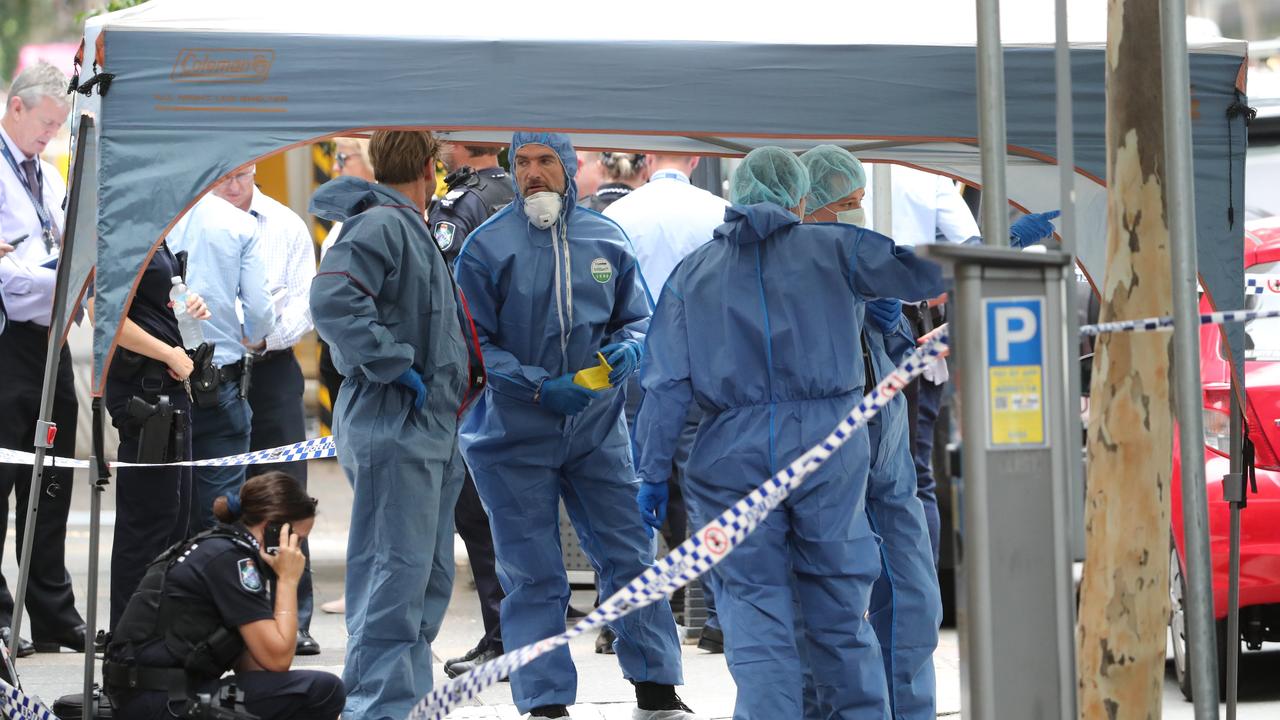 Police at the scene of a shooting in Mary Street in the Brisbane CBD. Pic Peter Wallis