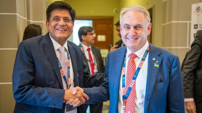 Trade Minister Don Farrell meeting with Indian counterpart Piyush Goyal on the sidelines of the World Trade Organisation's 12th Ministerial Conference in Geneva, Switzerland. Picture: Piyush Goyal