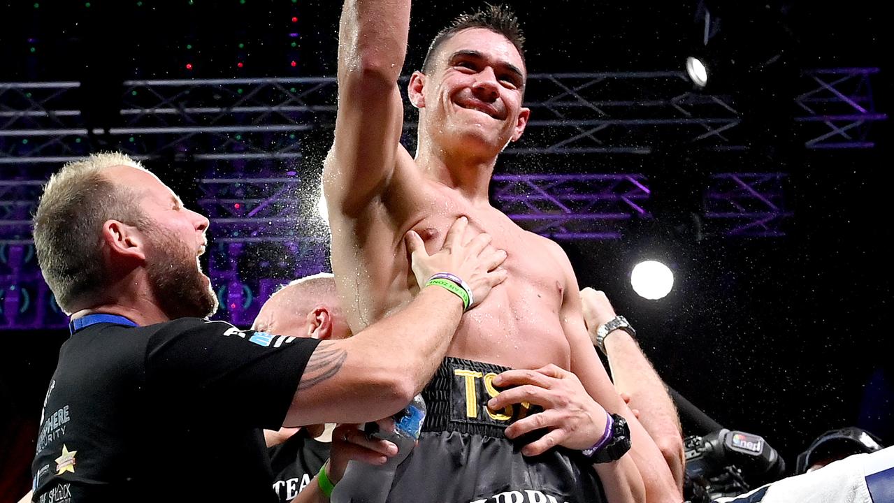 Tim Tszyu celebrates victory in his fight against Jeff Horn.