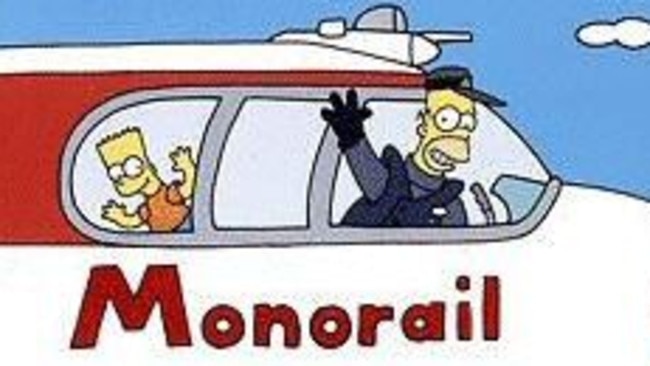 Screen grab of the Monorail that featured in a episode of the animated TV program 'The Simpsons'.