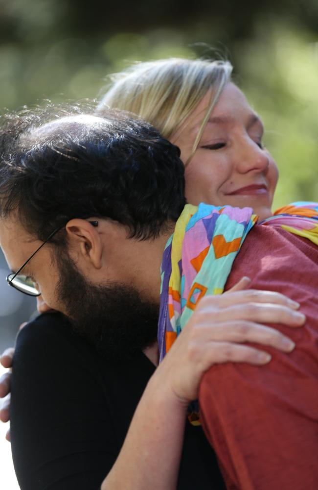 Larissa Waters is consoled by Greens Brisbane city councillor Jonathan Sri. Picture: Annette Dew