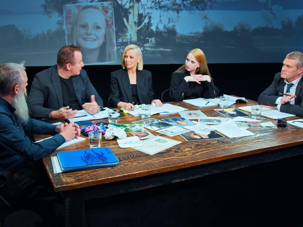 Veteran television journalist Liz Hayes is investigating the case of Eden Westbrook, a teenage girl found dead at St Helens in 2015. From left, Eden's father Jason Westbrook, podcaster Jay Walkerden, Liz Hayes, Mercury crime reporter Amber Wilson, and former detective Damian Marrett. Picture: Nine Network