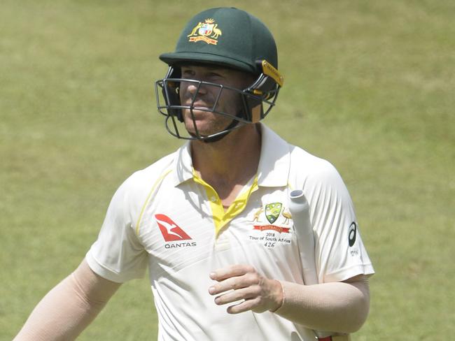 DURBAN, SOUTH AFRICA - MARCH 03: David Warner of Australia out for 28 runs during day 3 of the 1st Sunfoil Test match between South Africa and Australia at Sahara Stadium Kingsmead on March 03, 2018 in Durban, South Africa. (Photo by Lee Warren/Gallo Images/Getty Images)