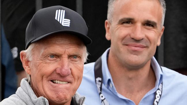 ADELAIDE, AUSTRALIA - APRIL 26: LIV golf boss Greg Norman (Left) and Premier of South Australia Peter Malinauskas (Right) during LIV Adelaide at The Grange Golf Club on April 26, 2024 in Adelaide, Australia. (Photo by Asanka Ratnayake/Getty Images)