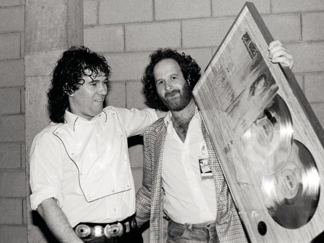 Jimmy Barnes with Gudinski when For the Working Class Man went double platinum. Picture: Bob King