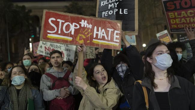 Protesters in Sydney’s Martin Place during a Black Lives Matter rally this week. Picture: Brook Mitchell/Getty Images