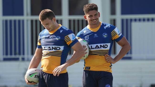 Parramatta back rower Charbel Tasipale, right, has been impressive for the Eels. Picture: Louis Bockos/Eels Media.