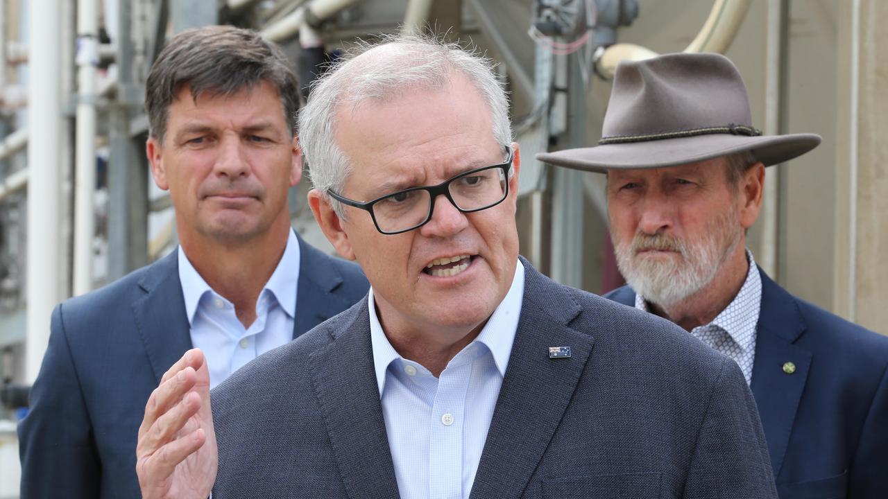 Former Prime Minister Scott Morrison with Energy Minister Angus Taylor (L), and member for Gray, Rowan Ramsey, at Jim Barry Wines in Clare, SA. Picture: NCA NewsWire / Dean Martin.