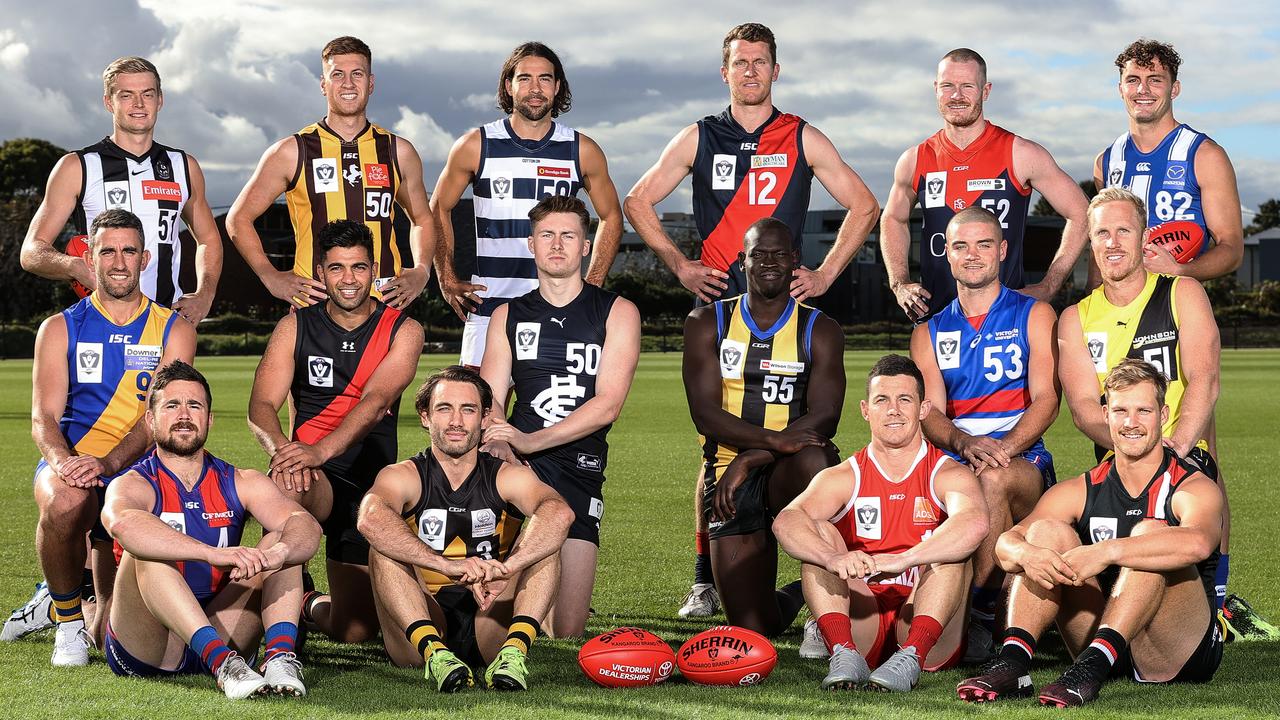 MELBOURNE, AUSTRALIA - APRIL 12: The 2021 Victorian VFL Captains (Back Row L-R: Lachlan Tardrew of Collingwood, Damian Mascitti of Box Hill, Daniel Capiron of Geelong, Peter McEvoy of Coburg, Mitch White of Casey Demons, Flynn Appleby of North Melbourne; Mddle Row L-R: Adam Marcon of Williamston, Daniel Younan of Essendon, Ryley Stoddart of Carlton, Goy Lok of Sandringham, Lachie Sullivan of Footscray, Steve Morris of Richmond; Front Row L-R: Tom O'Sullivan of Port Melbourne, Michael Sodomaco of Werribee, Tom Wilson of the Northern Bullants, Joshua Newman of Frankston) poses for a photo during the 2021 VFL Media Opportunity at Williamstown Football Club on April 12 in Melbourne, Australia. (Photo by Martin Keep/AFL Photos)