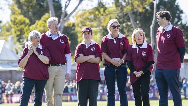 The McDonald family (from left) Joan McDonald, Jim McDonald, Mack Parsons, Maree Parsons, Lisa McDonald and Geoff McDonald at the Queensland Maroons fan day at Toowoomba Sports Ground, Tuesday, June 18, 2024. Picture: Kevin Farmer