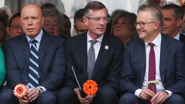 Peter Dutton, Dominic Perrottet and Anthony Albanese at Coogee on Wednesday. Picture: Getty Images