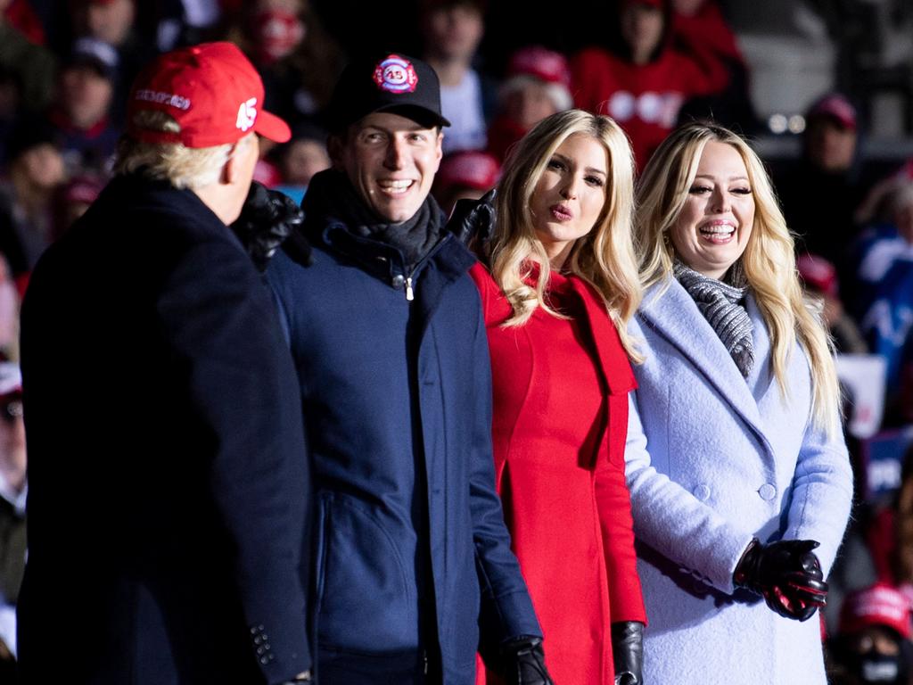 Senior Adviser Jared Kushner, daughter and Senior Adviser to the US President Ivanka Trump, and daughter Tiffany Trump at a rally in Kenosha. Picture: Brendan Smialowski / AFP