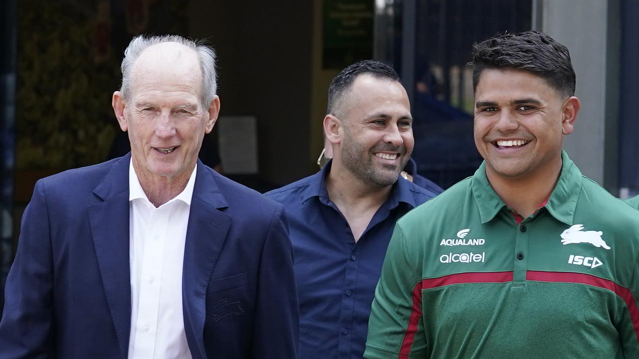 Wayne Bennett and Latrell Mitchell in happier times in 2020. Picture: Mark Evans/Getty Images