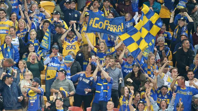 Parramatta Eels fans during the round 25 NRL game between the Brisbane Broncos and the Parramatta Eels at Suncorp Stadium in Brisbane, Thursday, August 24, 2017. (AAP Image/Jono Searle) NO ARCHIVING, EDITORIAL USE ONLY