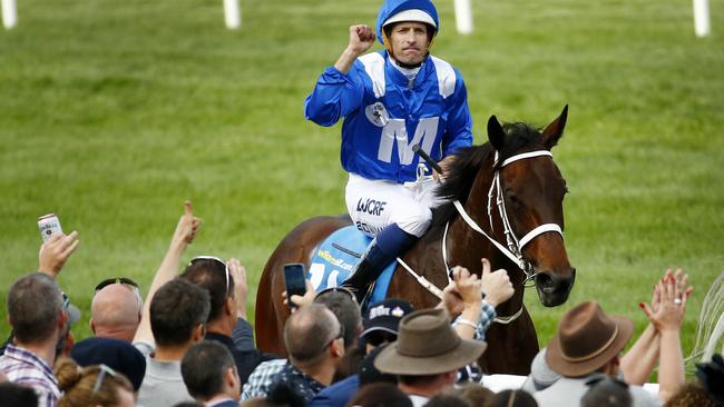 2015 Cox Plate Day at Moonee Valley Racecourse, Race9- Cox Plate, Hugh Bowman onboard Winx after the win . Melbourne. 24th October 2015. Picture: Colleen Petch. Coxplate15