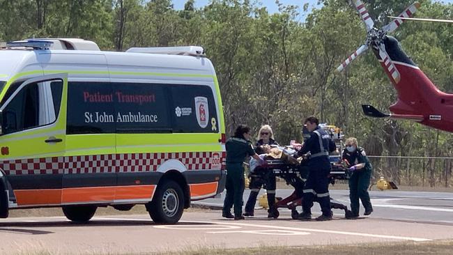 A helicopter carrying a US Marine injured in an Osprey crash at the Tiwi Islands near Darwin arrives at The Royal Darwin Hospital on Sunday, 27 August, 2023.