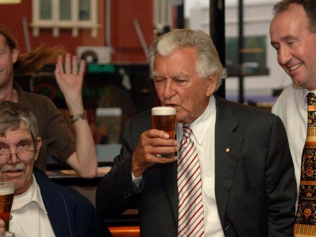 Bob Hawke with labour candidates in a pub in Five Dock, Sydney. Picture: Supplied