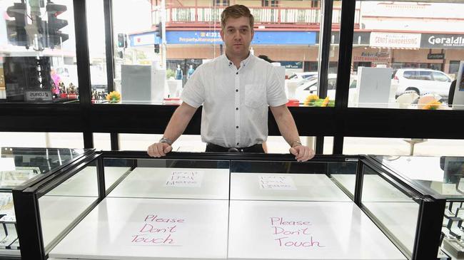 Geoff Myatt from Myatt Jewellers in Maryborough in front of the display case that was smashed during a break-in. Picture: Alistair Brightman