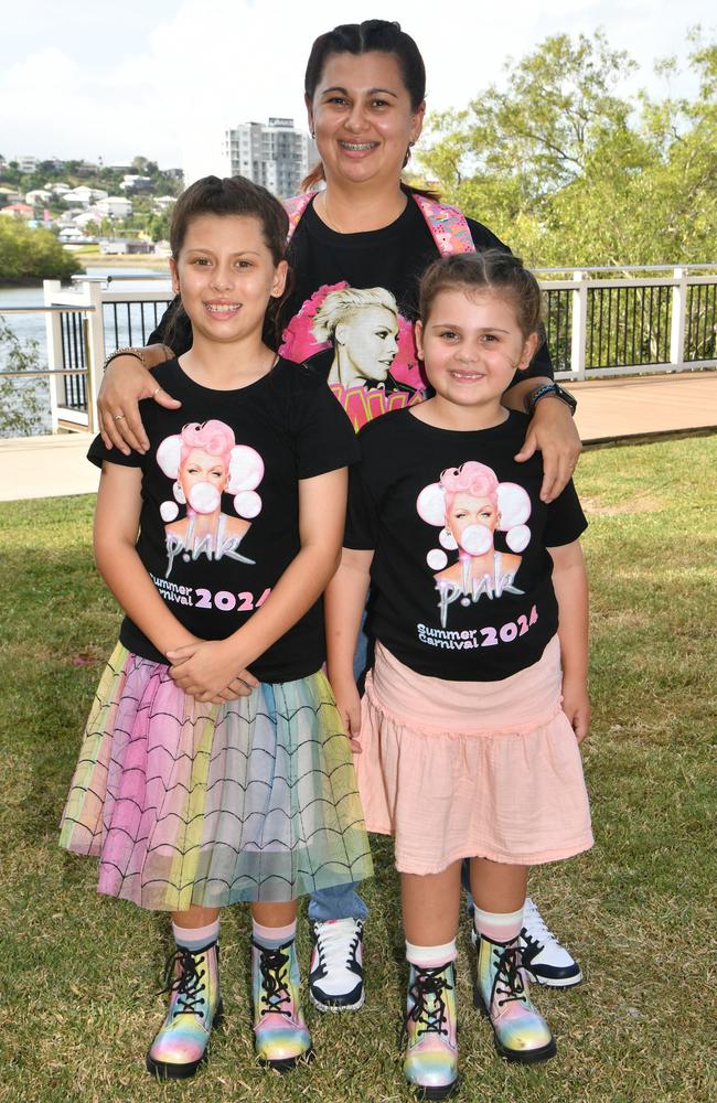 Socials at Pink convert at Townsville's Queensland Country Bank Stadium. Tammy Brooks with Jordyn, 8, and Elloise, 6. Picture: Evan Morgan