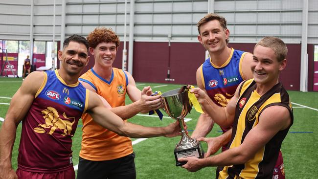 Who will win the Harris-Cameron Cup this season? Charlie Cameron, an Ash old boy, and Harris Andrews, a Padua old boy, enjoy a Padua-Marist tug of war with Marist captain Isaac Roach and Padua skipper Jordan Chambers.