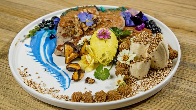 Wholesome and colourful banana and walnut pancakes at Cardamom Pod, Southport. Picture: Jerad Williams