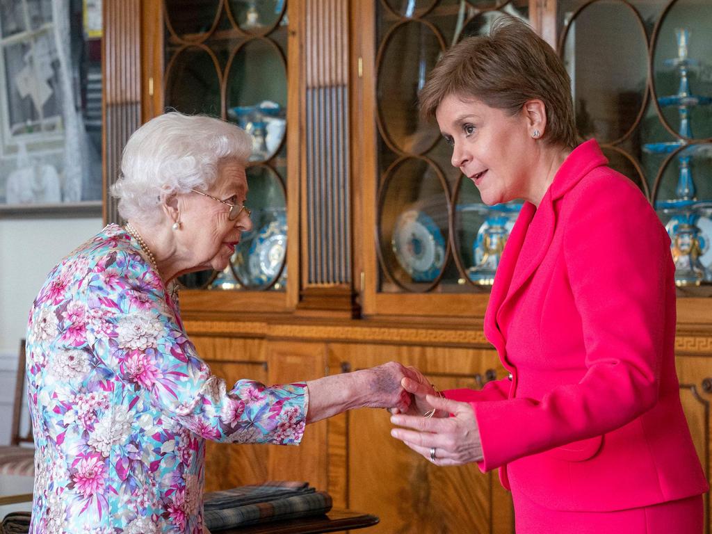 Britain's Queen Elizabeth II greets Scotland's First Minister Nicola Sturgeon during an audience at the Palace of Holyroodhouse in Edinburgh. Picture: AFP