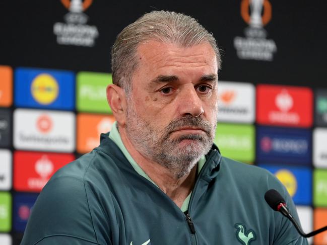 BODO, NORWAY - MAY 07: Ange Postecoglou, Manager of Tottenham Hotspur, talks during a press conference ahead of their UEFA Europe League 2024/25 semi final second leg match against FK Bodo/Glimt at Aspmyra Stadion on May 07, 2025 in Bodo, Norway. (Photo by Justin Setterfield/Getty Images)