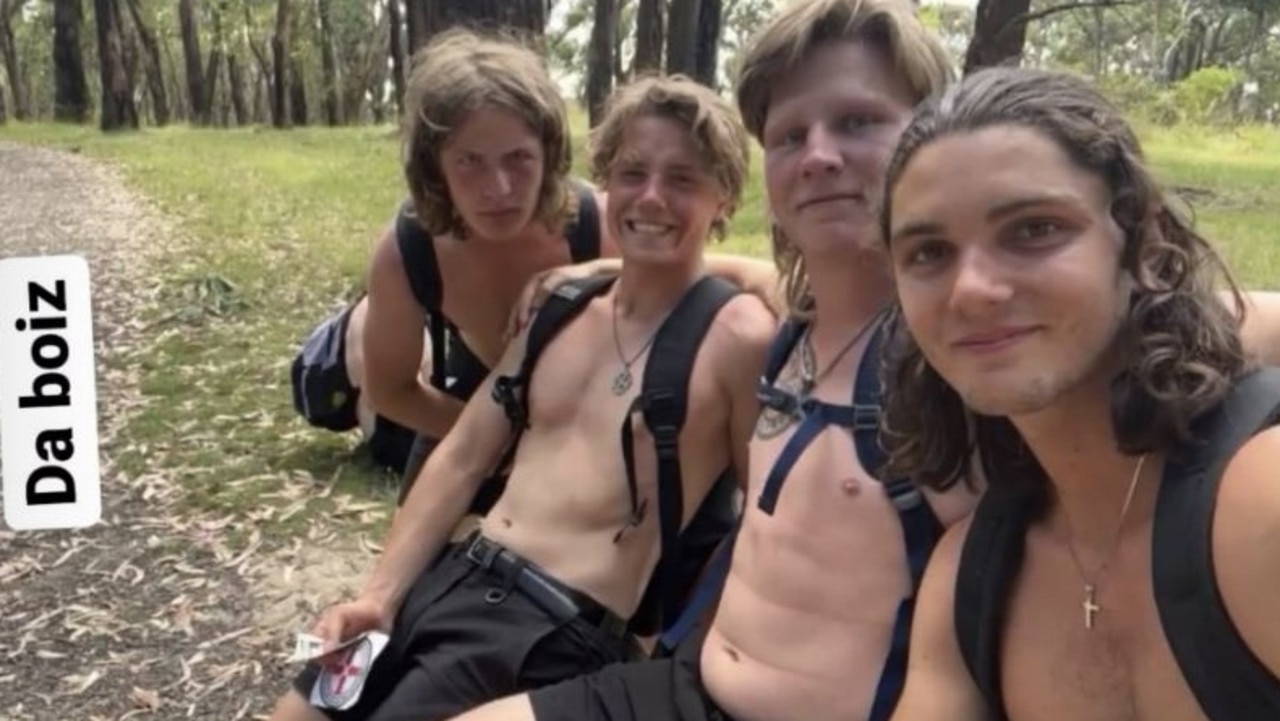 An undated photo from Ethan Hendren’s Instagram highlights shows (from left) Michael ‘Mickle’ Nelson, Ethan Hendren wearing a swastika necklace, Nathan Bull and Will Casdorff.