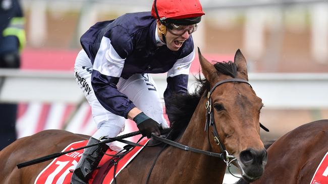 Kerrin McEvoy wins the 2016 Melbourne Cup on Almandin. Picture: AAP Image/Julian Smith