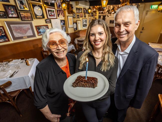 Vlados 60th birthday. Richmonds iconic steak restaurant Vlados is celebrating 60 years in business. Please get a photo of three generations of owners: Nina Gregurek, 92, Phoenix Gregurek, 23 and Michael Gregurek, 69. Picture: Jake Nowakowski