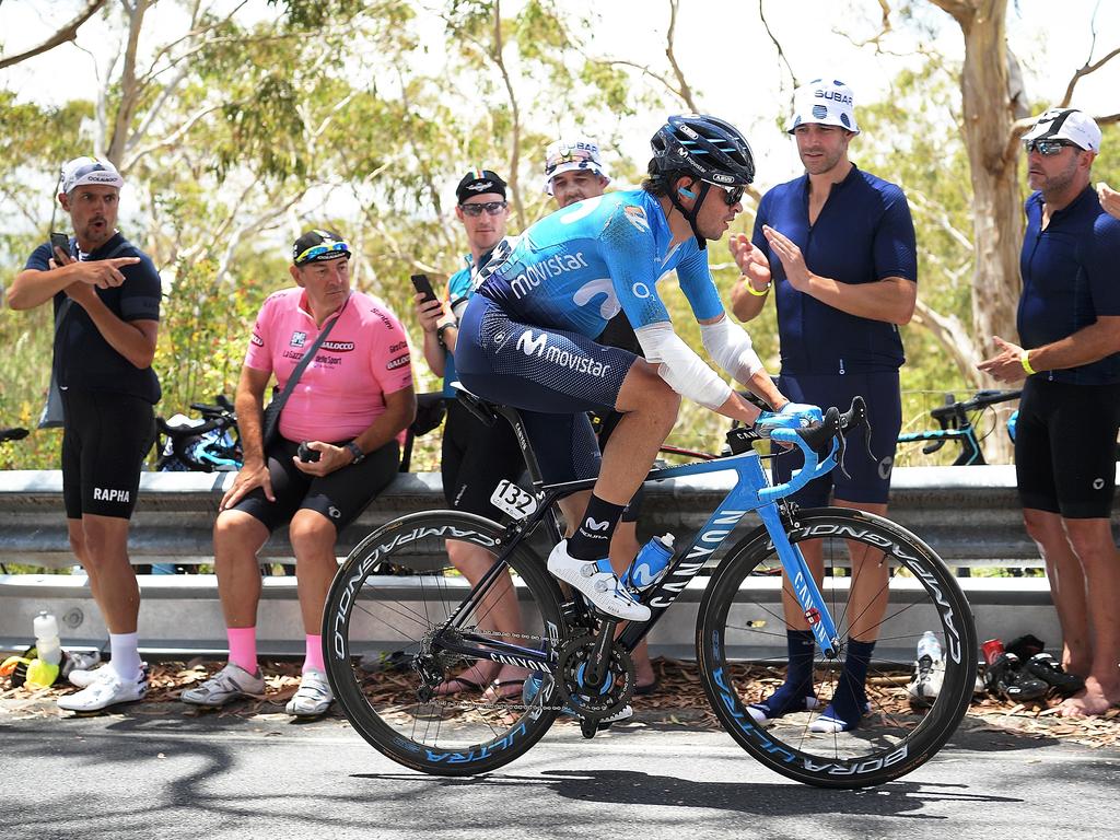 Nuno Matos of Portugal and Movistar Team rised up Willunga Hill. Photo by Daniel Kalisz/Getty Images