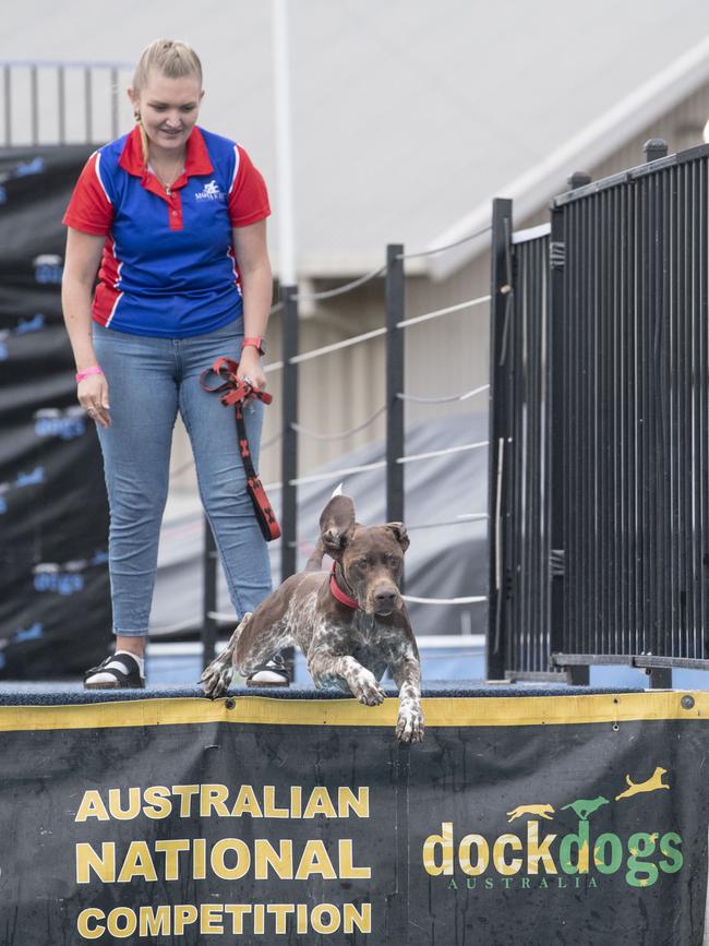 Morgan Rae and Yogi compete in dock dogs. Toowoomba Royal Show. Saturday, April 1, 2023. Picture: Nev Madsen.