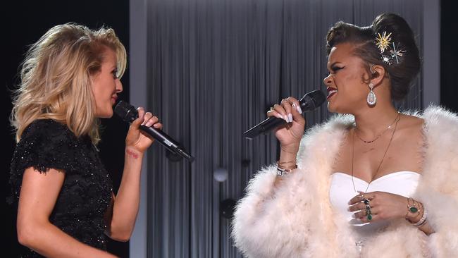 Ellie Goulding on stage with Andra Day at the 2016 Grammy Awards. Picture: Larry Busacca/Getty