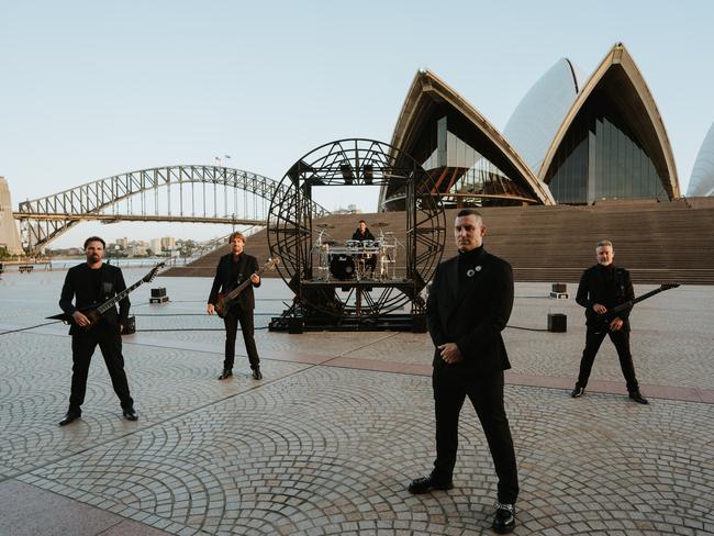 ***EXCLUSIVE FOR THE AUSTRALIAN*** 17/02/2025: Byron Bay heavy metal band Parkway Drive, pictured at the Sydney Opera House forecourt ahead of the band's one-off orchestral performance at the Sydney Opera House to take place on June 9, 2025. Picture: Third Eye Visuals