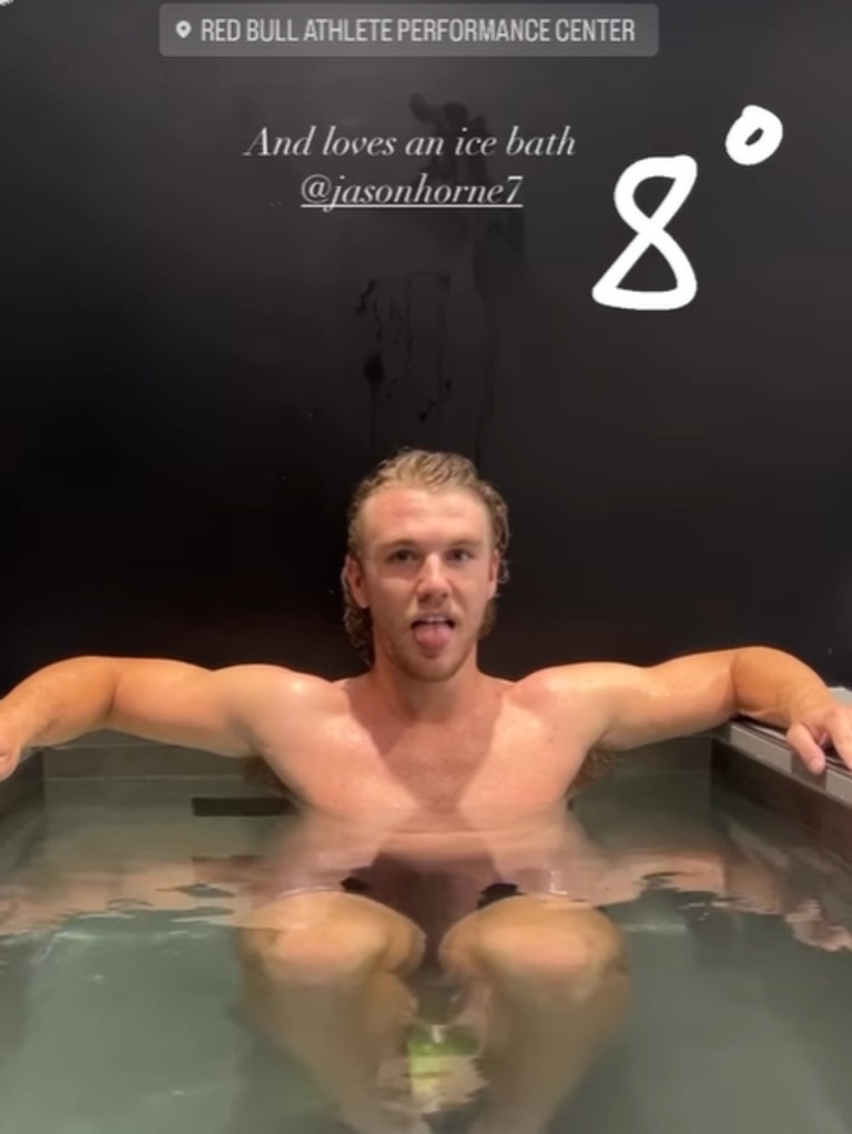 Horne-Francis in an ice bath during a US trip with Travis Boak. Picture: Instagram