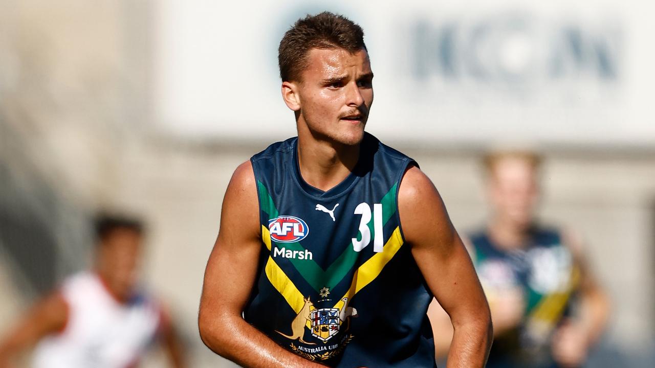 MELBOURNE, AUSTRALIA - APRIL 13: Taj Hotton of the AFL Academy in action during the 2024 AFL Academy match between the Marsh AFL National Academy Boys and Coburg Lions at Ikon Park on April 13, 2024 in Melbourne, Australia. (Photo by Michael Willson/AFL Photos via Getty Images)