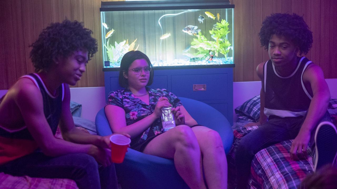 Barbie Ferreira with twins Tyler and Tristan Timmons in a scene from Euphoria season two. Picture: Supplied.