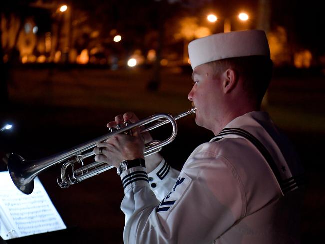 Dawn Service at Anzac Park for 83rd commemoration of Battle of Coral Sea. US Seventh Fleet Band member Musician 2nd Class Joseph Beaver. Picture: Evan Morgan