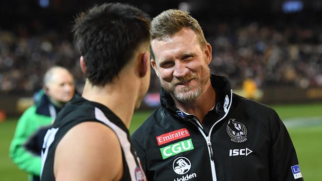 Nathan Buckley was all smiles for Brayden Maynard after his defender stopped Toby Greene. Pic: AAP