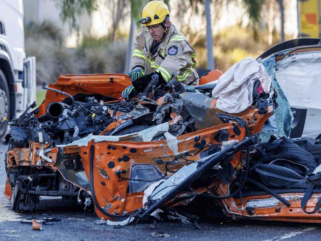 MELBOURNE, AUSTRALIA - NewsWire Photos  JUNE  4, 2025: Emergency services at the scene of a fatal collision in Truganina where a luxury sprts car has driven into the back of a parked truck.  Picture: NewsWire / David Geraghty