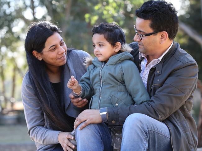 New Australians Deepak Sharma, 33, and his wife Ranjana, 31, with their son Aaryan, 2, who was born in Sydney. Picture: David Swift