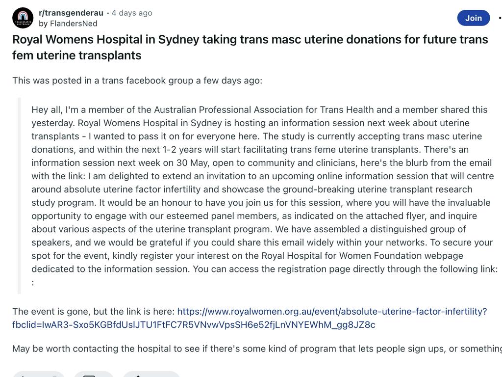 The posting on Reddit thread about the possibility of transplanting uterus donations and transplants.