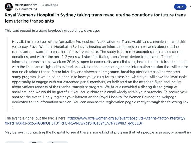 The posting on Reddit thread about the possibility of transplanting uterus donations and transplants.