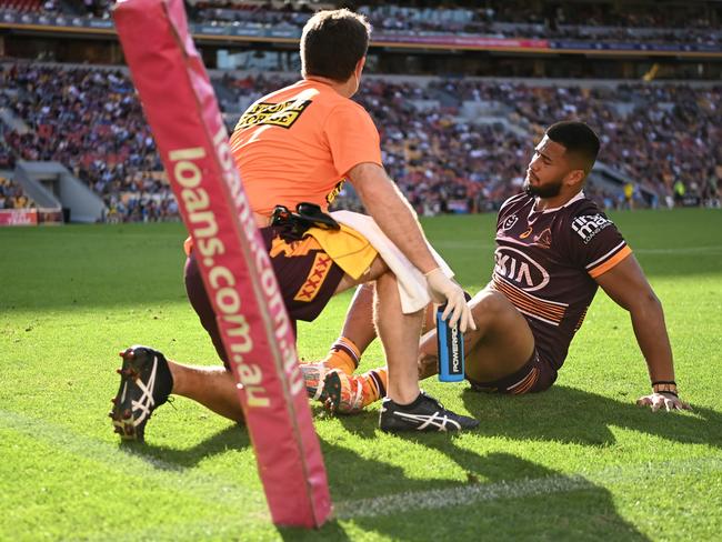 Payne Haas injury Pictured his ankle in the final regular season game of 2021. Picture: NRL Images