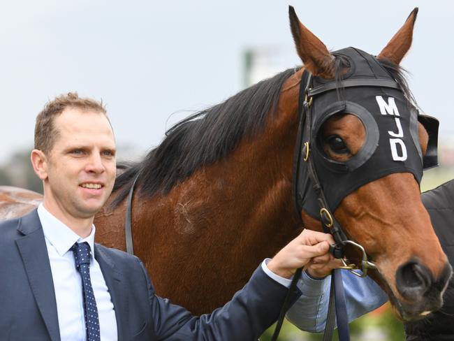 Trainer Matthew Dale after Shangani Patrol won Race 6, the Long Fine Plate, during the Melbourne Racing Club Race Day at Ladbrokes Park Hillside Racecourse in Melbourne, Wednesday, August 21, 2019. (AAP Image/Vince Caligiuri) NO ARCHIVING, EDITORIAL USE ONLY