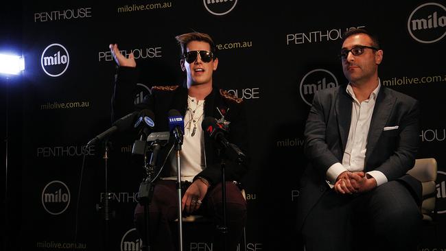 Milo Yiannopoulos speaks alongside Penthouse Australia/NZ publisher Damien Costas. Picture; Getty Images.