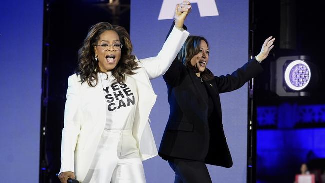 Oprah Winfrey, left, with Kamala Harris this week. Picture: AP